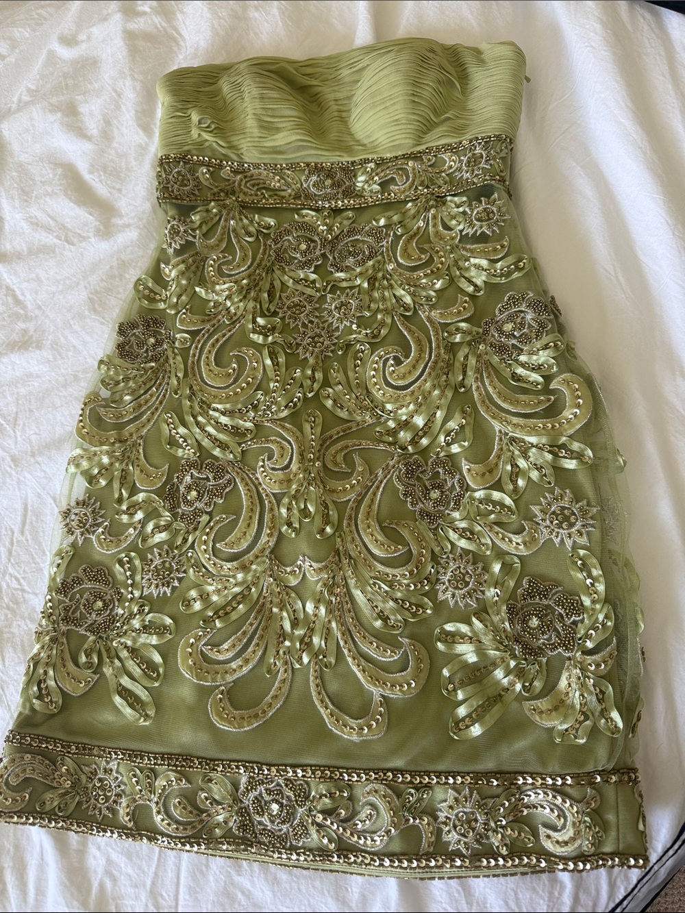 Sue Wong Olive Green Strapless Embroidered Cocktail Dress